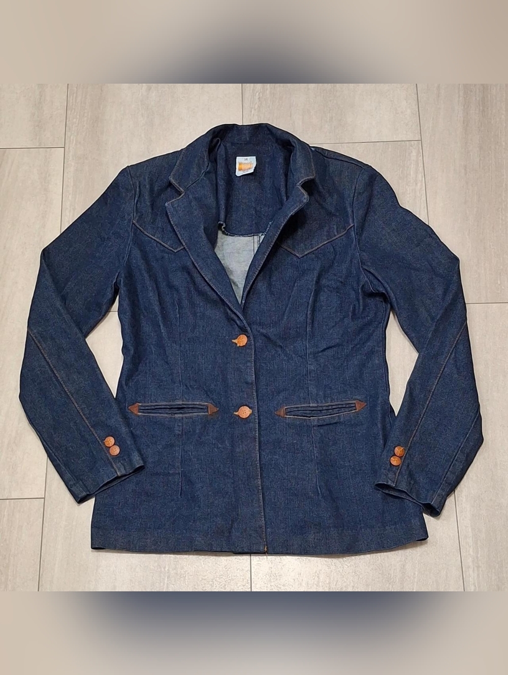 Vintage 70s Womens Wrangler Wrapid Transit Orange Stitch Blue Jean Jacket Misses